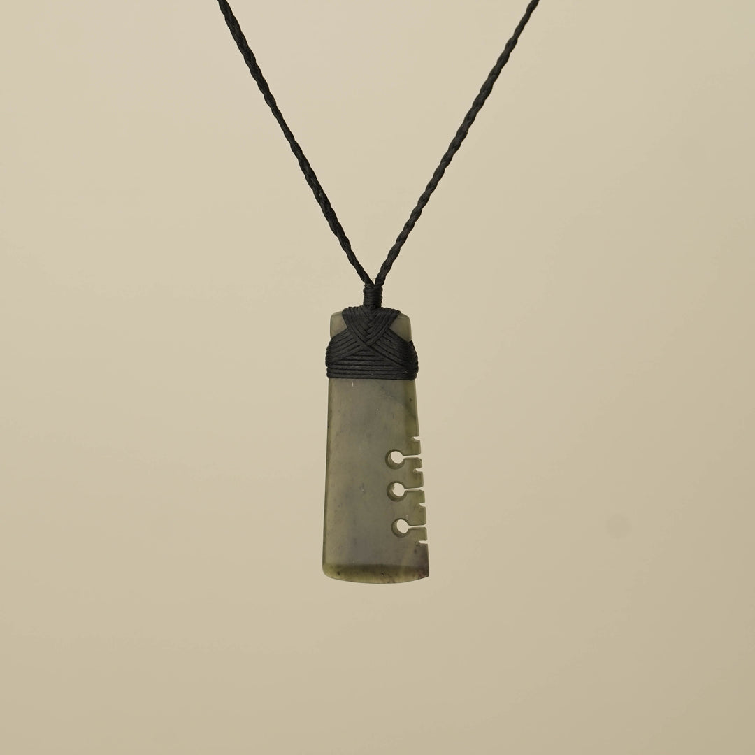 Notched Toki Hapopo Medium Pounamu Pendant, Black Binding