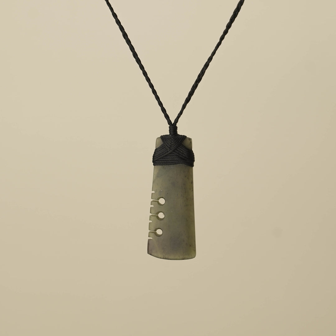 Notched Toki Hapopo Medium Pounamu Pendant, Black Binding