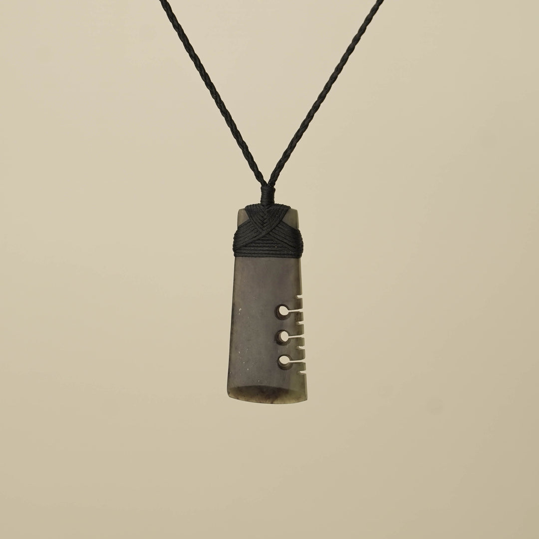 Notched Toki Hapopo Pounamu Medium Pendant, Black Binding