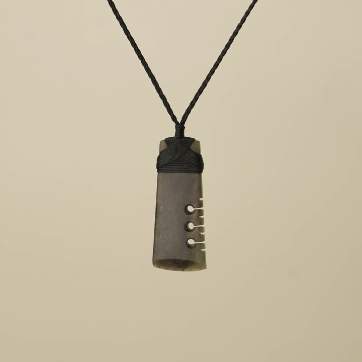 Notched Toki Hapopo Pounamu Medium Pendant, Black Binding