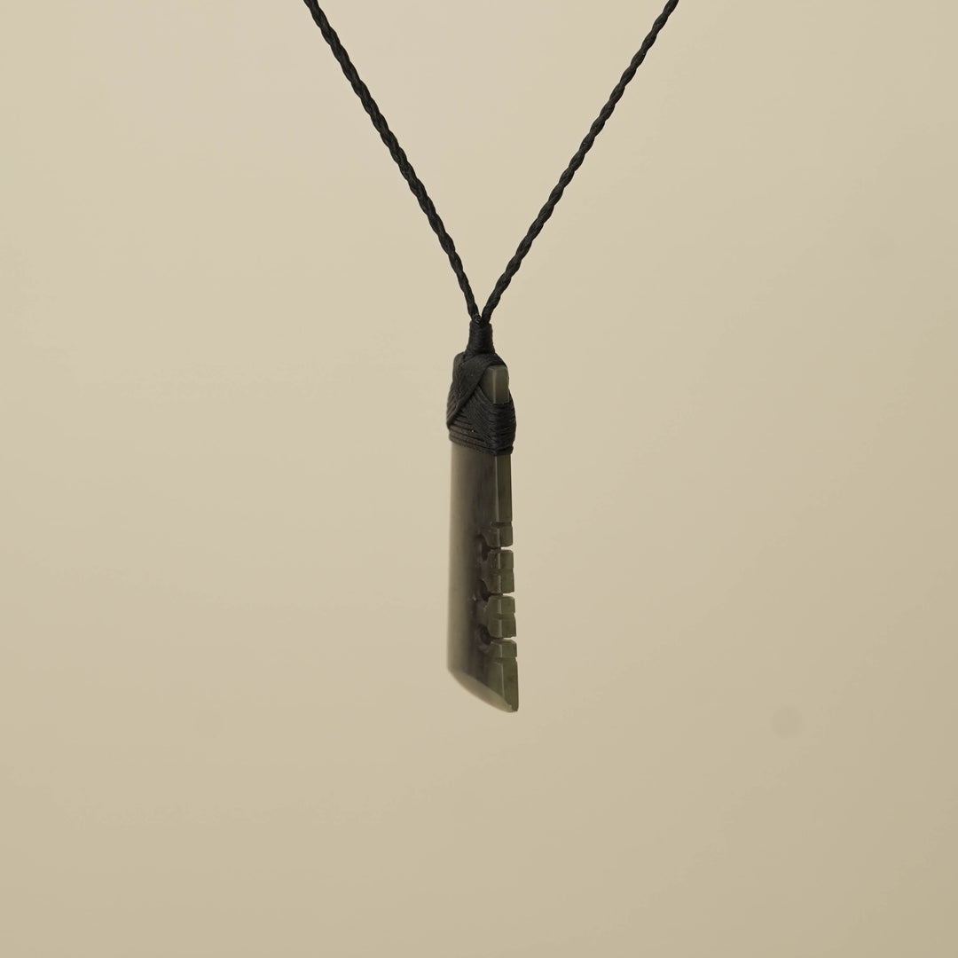 Notched Toki Hapopo Pounamu Medium Pendant, Black Binding