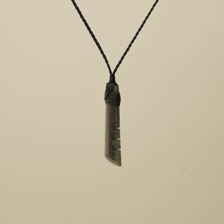 Notched Toki Hapopo Pounamu Medium Pendant, Black Binding
