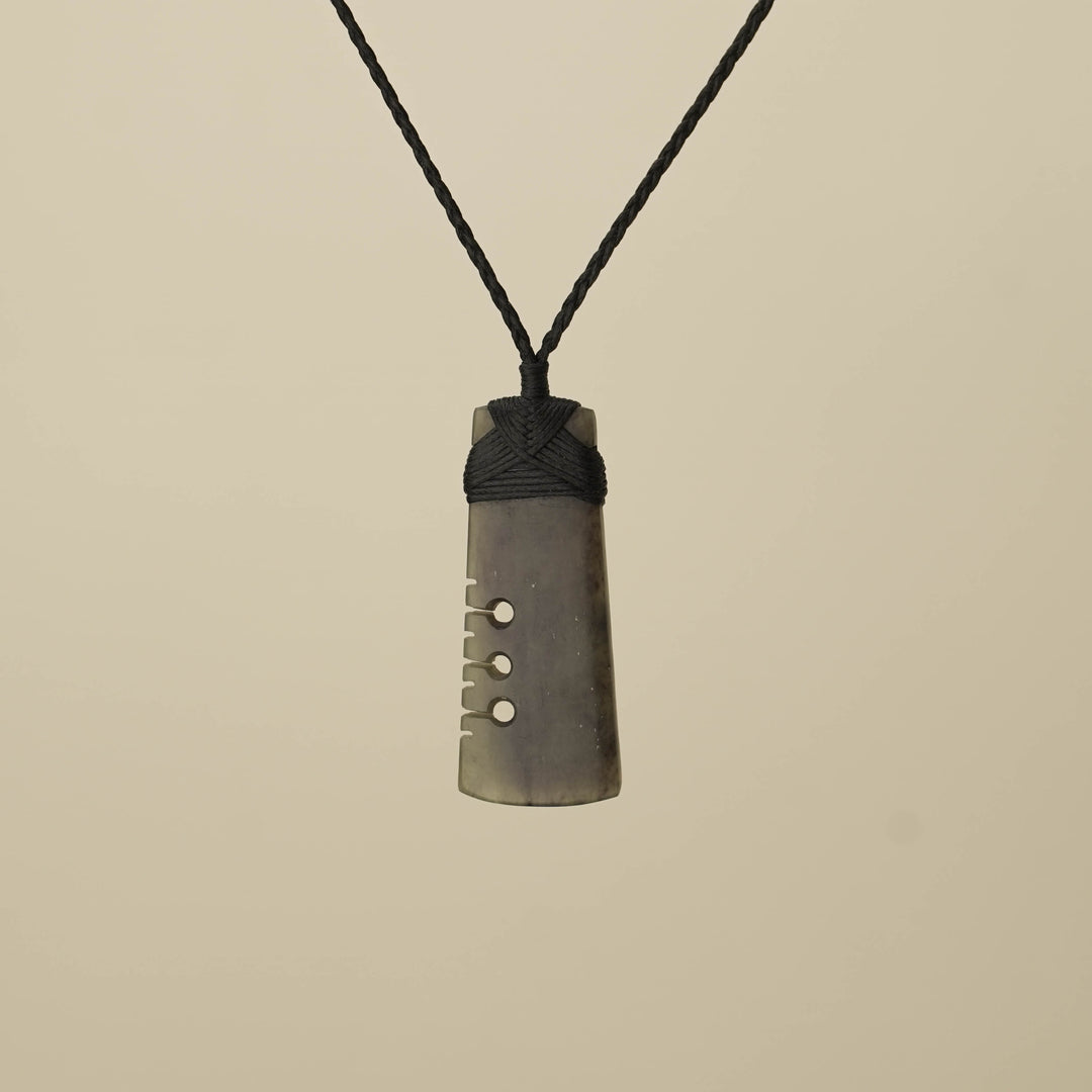 Notched Toki Hapopo Pounamu Medium Pendant, Black Binding