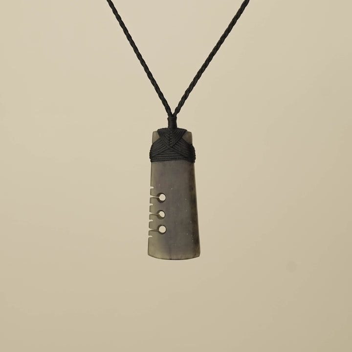 Notched Toki Hapopo Pounamu Medium Pendant, Black Binding