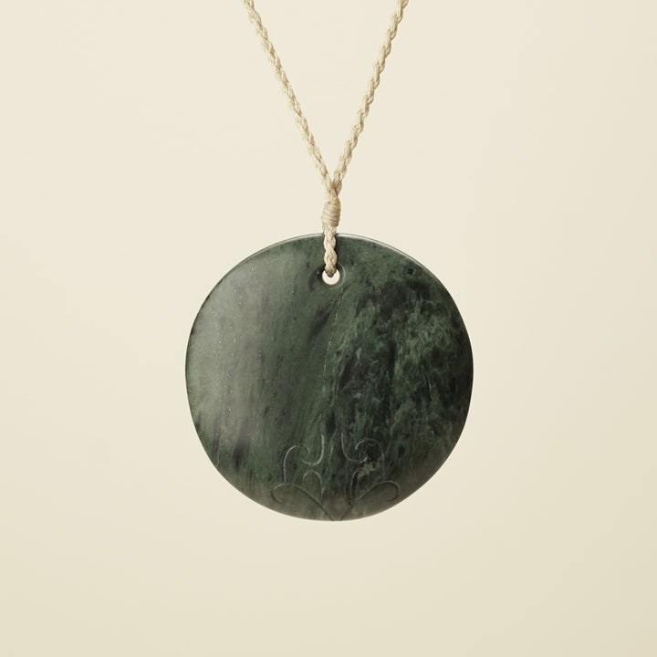 Porowhita Marama/Moon XL Pounamu Pendant, Tan Binding