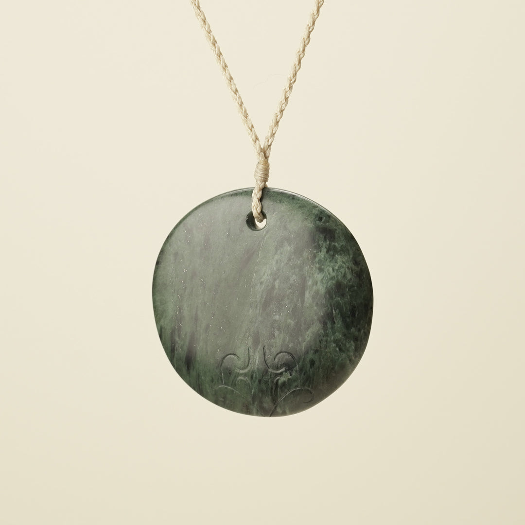 Porowhita Marama/Moon XL Pounamu Pendant, Tan Binding