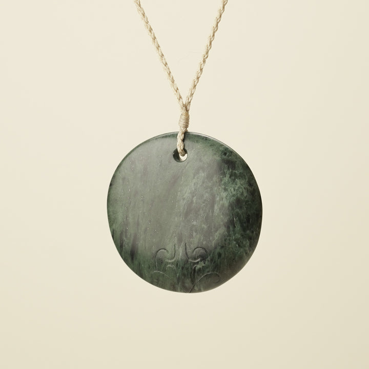 Porowhita Marama/Moon XL Pounamu Pendant, Tan Binding