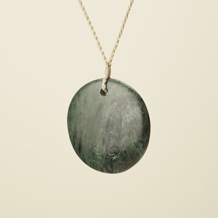 Porowhita Marama/Moon XL Pounamu Pendant, Tan Binding