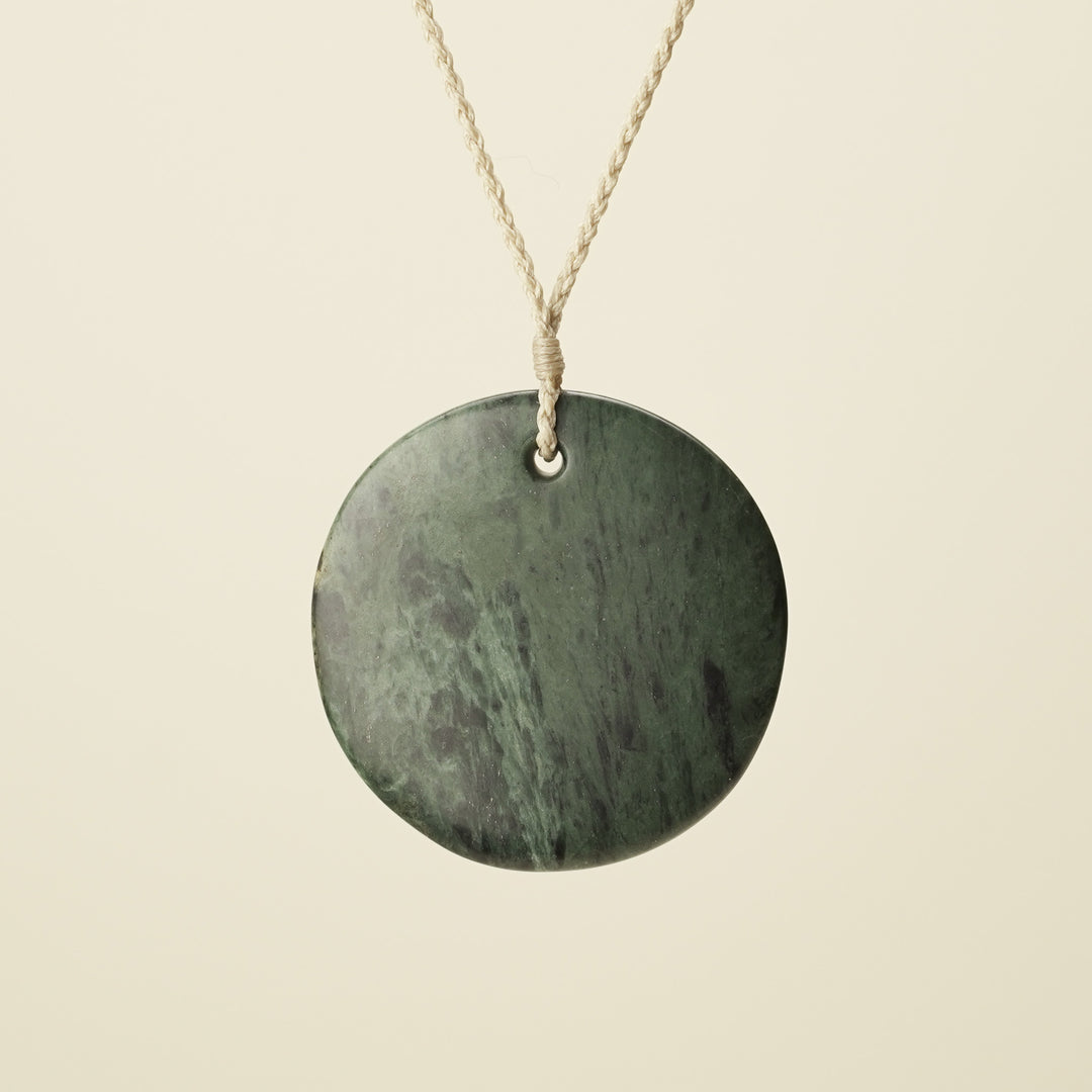 Porowhita Marama/Moon XL Pounamu Pendant, Tan Binding
