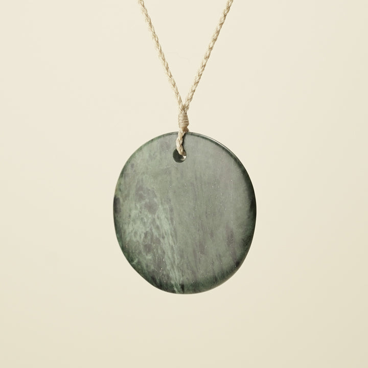 Porowhita Marama/Moon XL Pounamu Pendant, Tan Binding