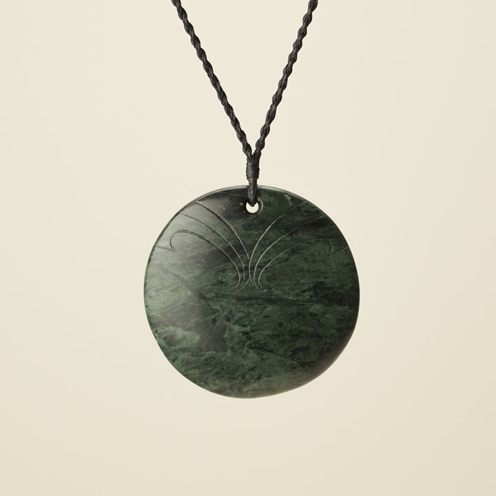 Porowhita Rā/Sun Pounamu XL Pendant, Black Binding
