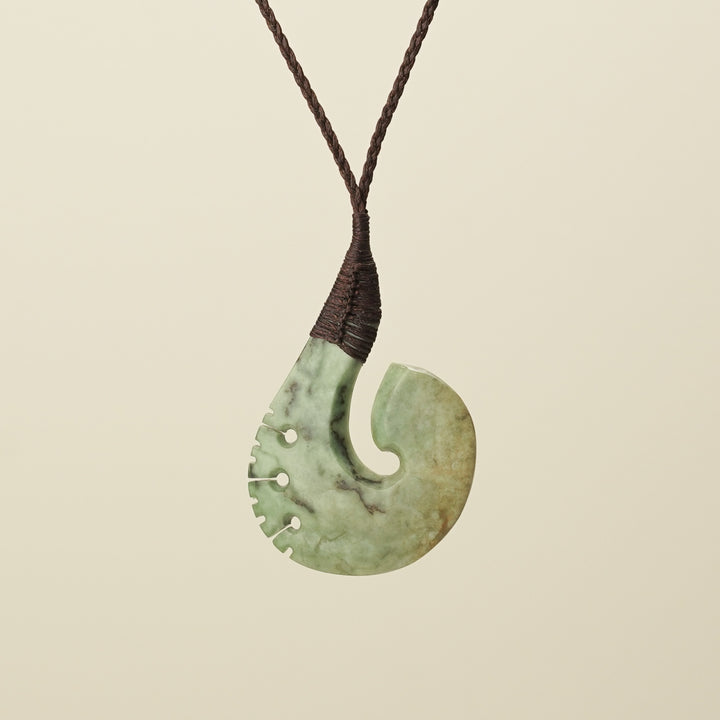 Hei Matau Raukaraka Pounamu Large Pendant, Brown Binding