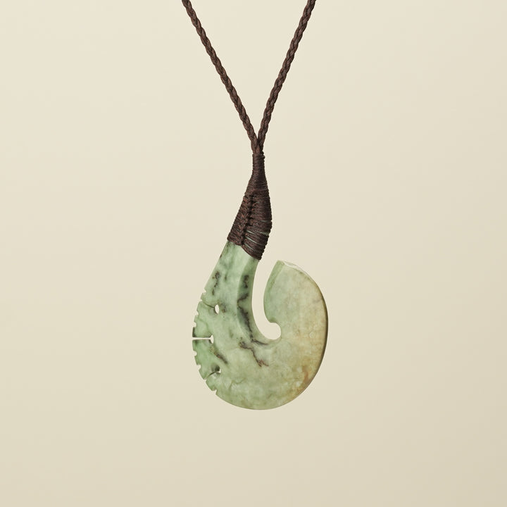 Hei Matau Raukaraka Pounamu Large Pendant, Brown Binding