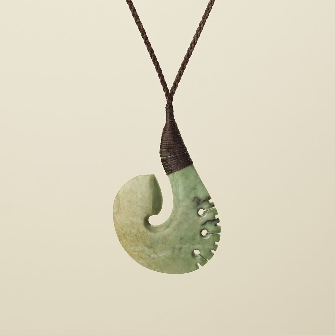 Hei Matau Raukaraka Pounamu Large Pendant, Brown Binding
