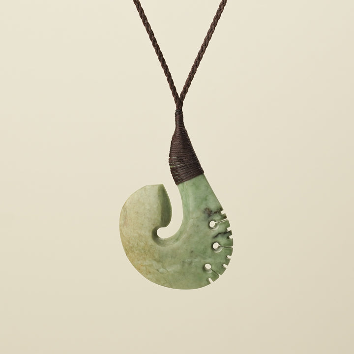 Hei Matau Raukaraka Pounamu Large Pendant, Brown Binding