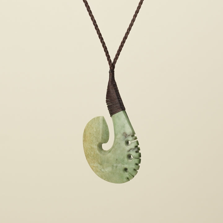 Hei Matau Raukaraka Pounamu Large Pendant, Brown Binding