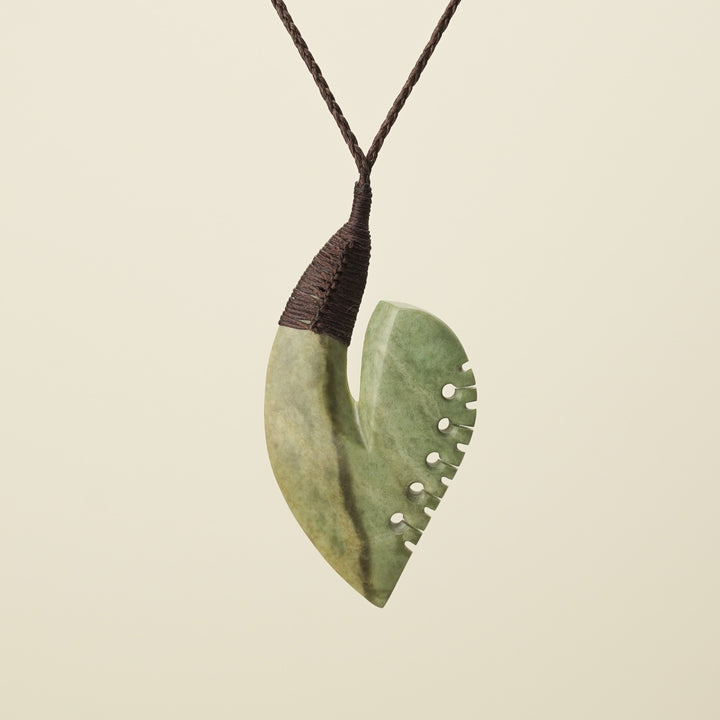 Hei Matau Bound - Raukaraka Large Pendant, Brown Binding
