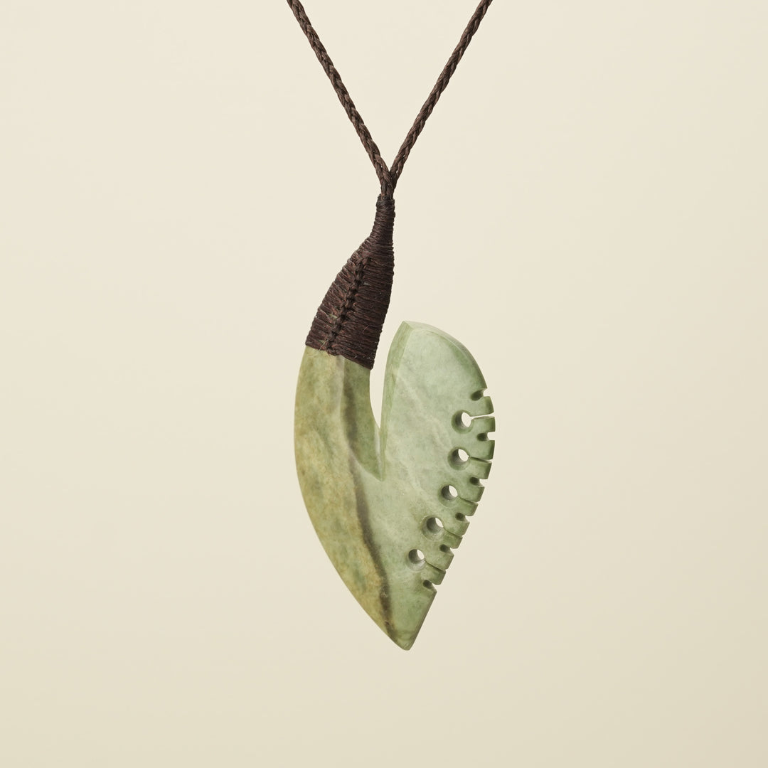 Hei Matau Bound - Raukaraka Large Pendant, Brown Binding