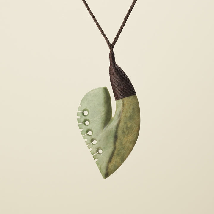 Hei Matau Bound - Raukaraka Large Pendant, Brown Binding