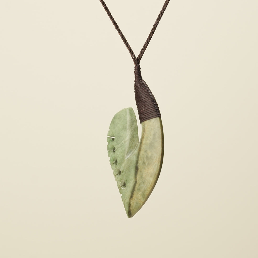 Hei Matau Bound - Raukaraka Large Pendant, Brown Binding