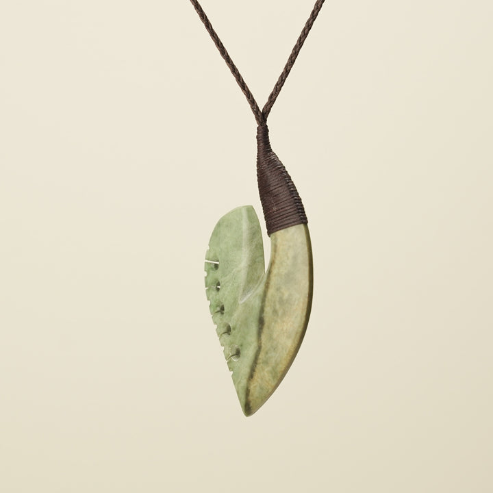 Hei Matau Bound - Raukaraka Large Pendant, Brown Binding