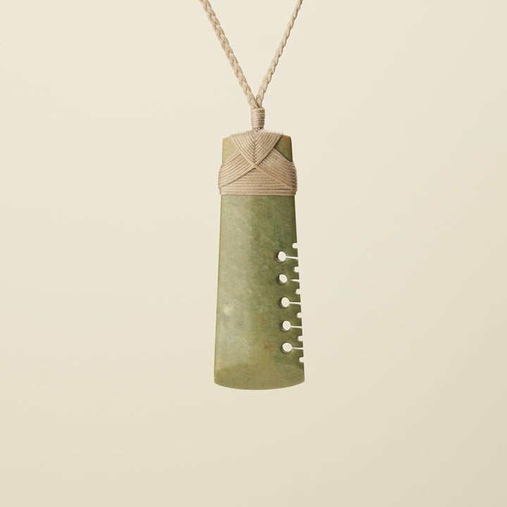 Notched Toki Raukaraka Large Pendant, Tan Binding