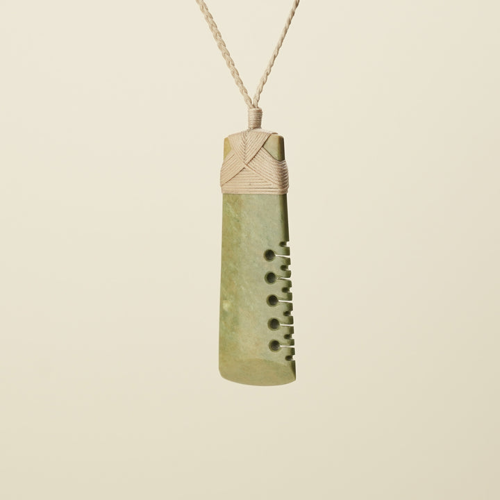 Notched Toki Raukaraka Large Pendant, Tan Binding