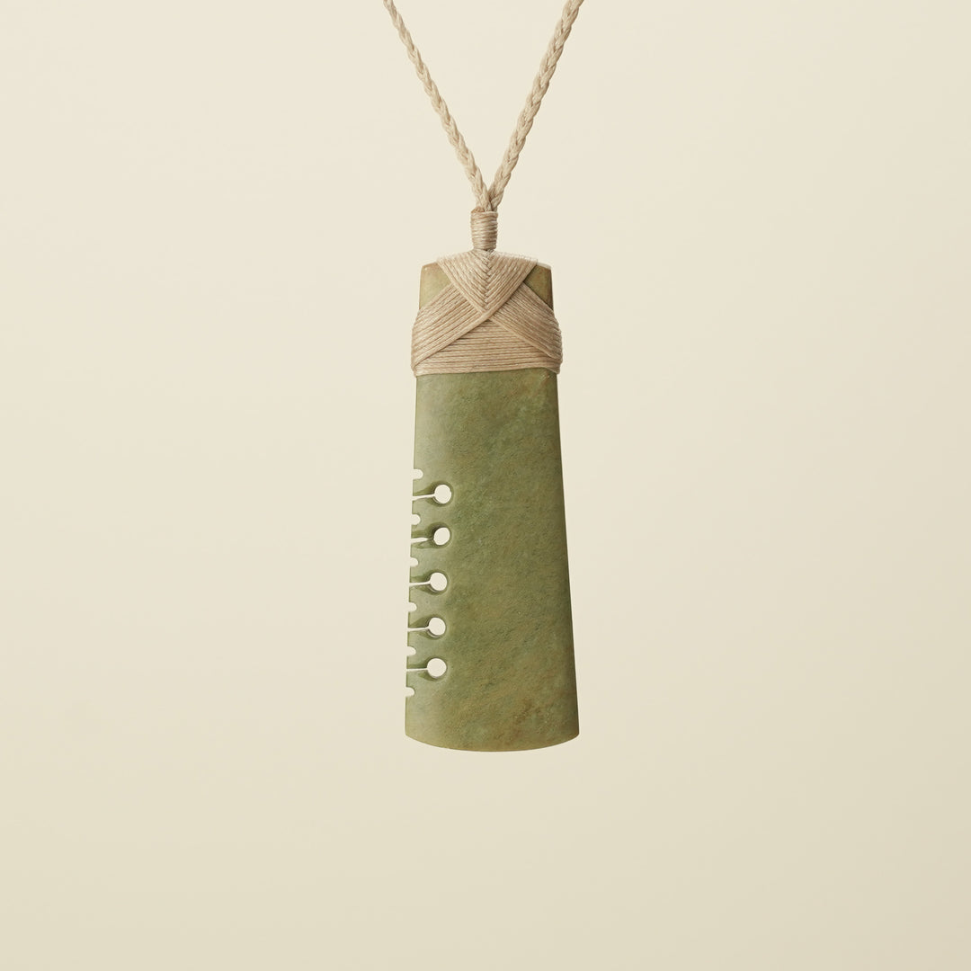 Notched Toki Raukaraka Large Pendant, Tan Binding
