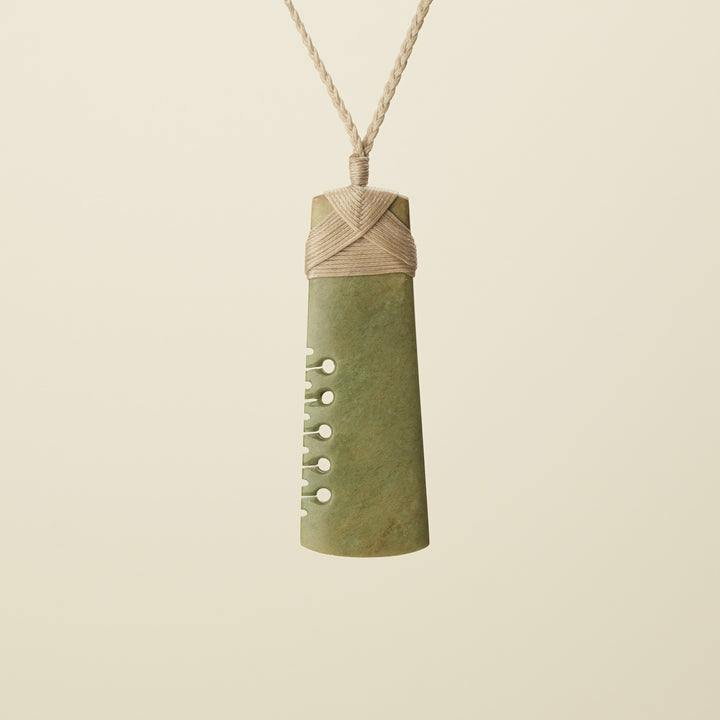 Notched Toki Raukaraka Large Pendant, Tan Binding