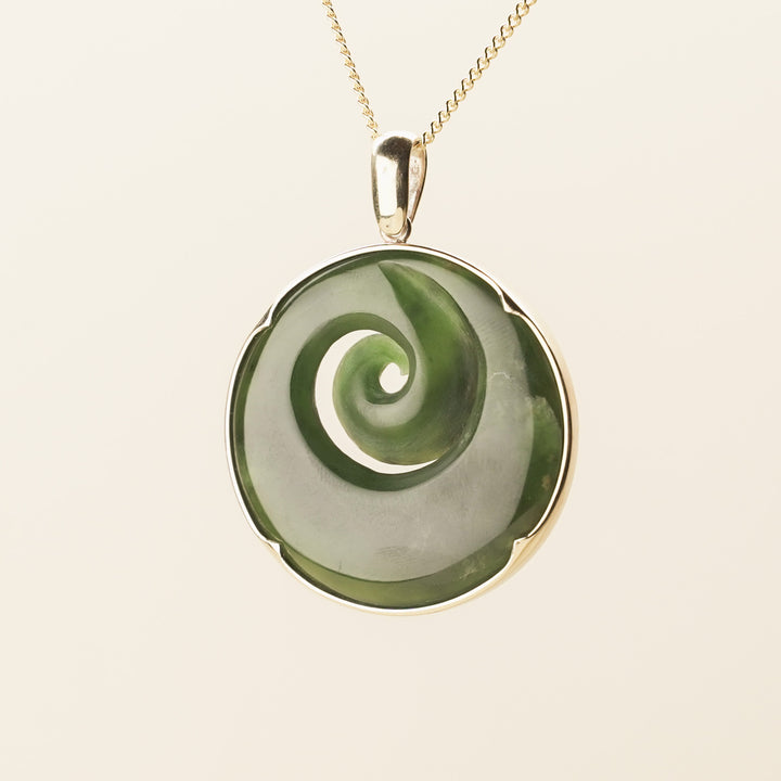 Flower Pounamu Medium Koru Pendant in 9k Gold