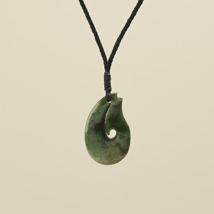 Hei Matau Flower Putiputi Pounamu Pendant, Black Binding