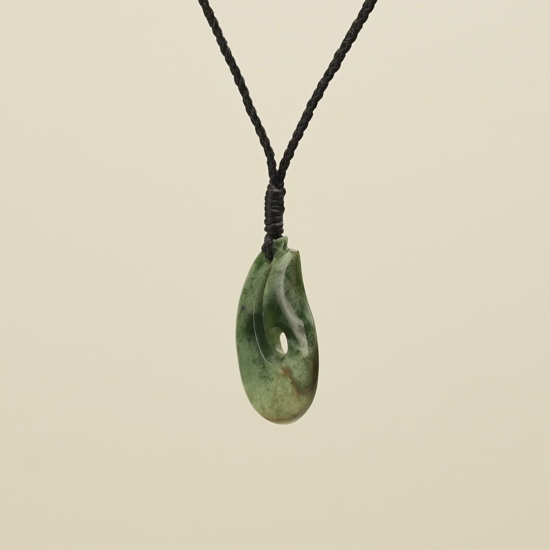 Hei Matau Flower Putiputi Pounamu Pendant, Black Binding