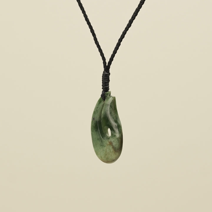 Hei Matau Flower Putiputi Pounamu Pendant, Black Binding