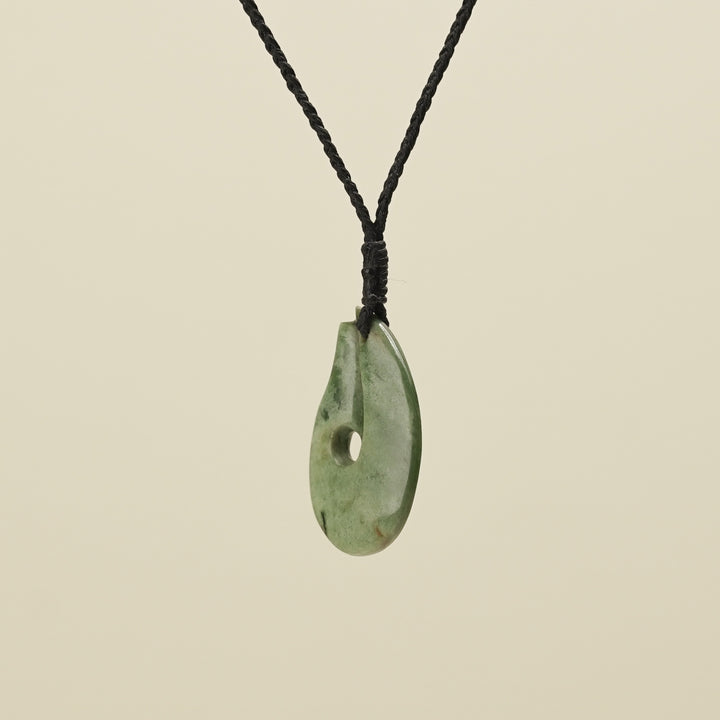 Hei Matau Flower Putiputi Pounamu Pendant, Black Binding