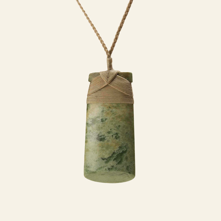Toki Flower Putiputi Pounamu Large Pendant, Tan Binding