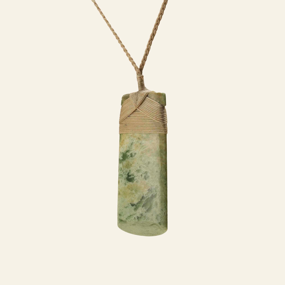 Toki Flower Putiputi Pounamu Large Pendant, Tan Binding