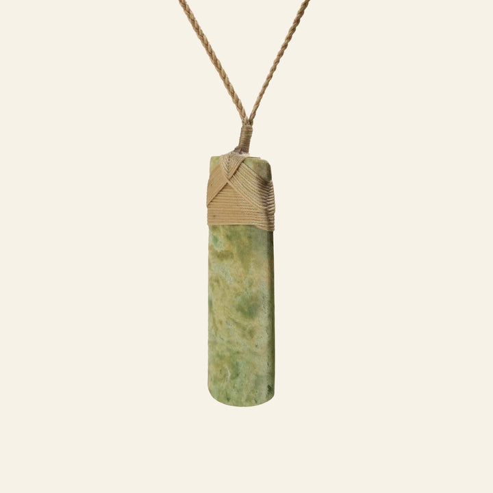 Toki Flower Putiputi Pounamu Large Pendant, Tan Binding