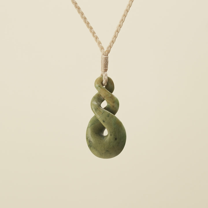 Pikorua Raukaraka Medium Pounamu Pendant, Tan Binding