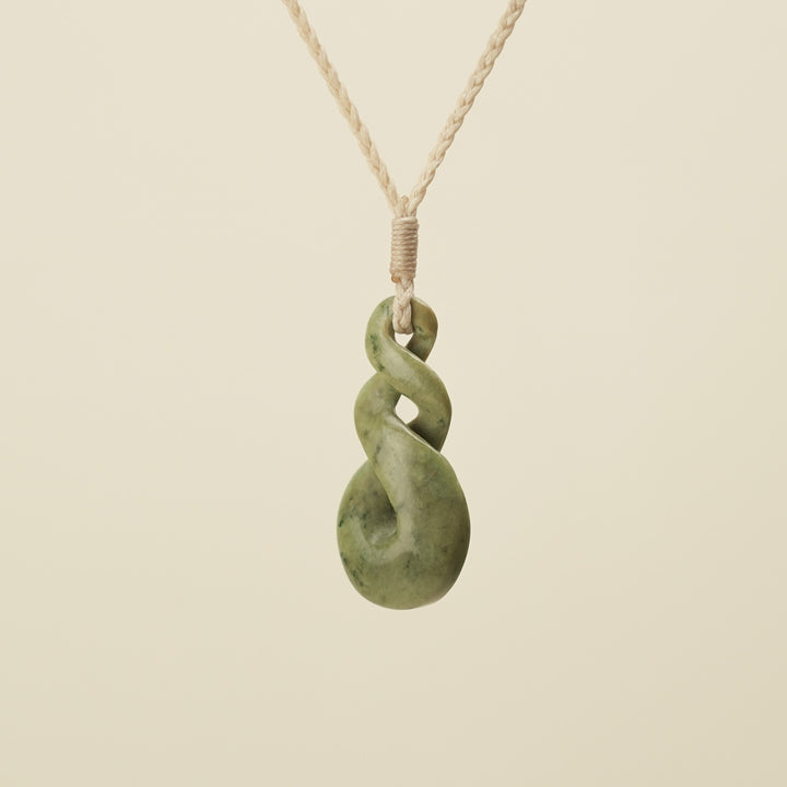 Pikorua Raukaraka Medium Pounamu Pendant, Tan Binding