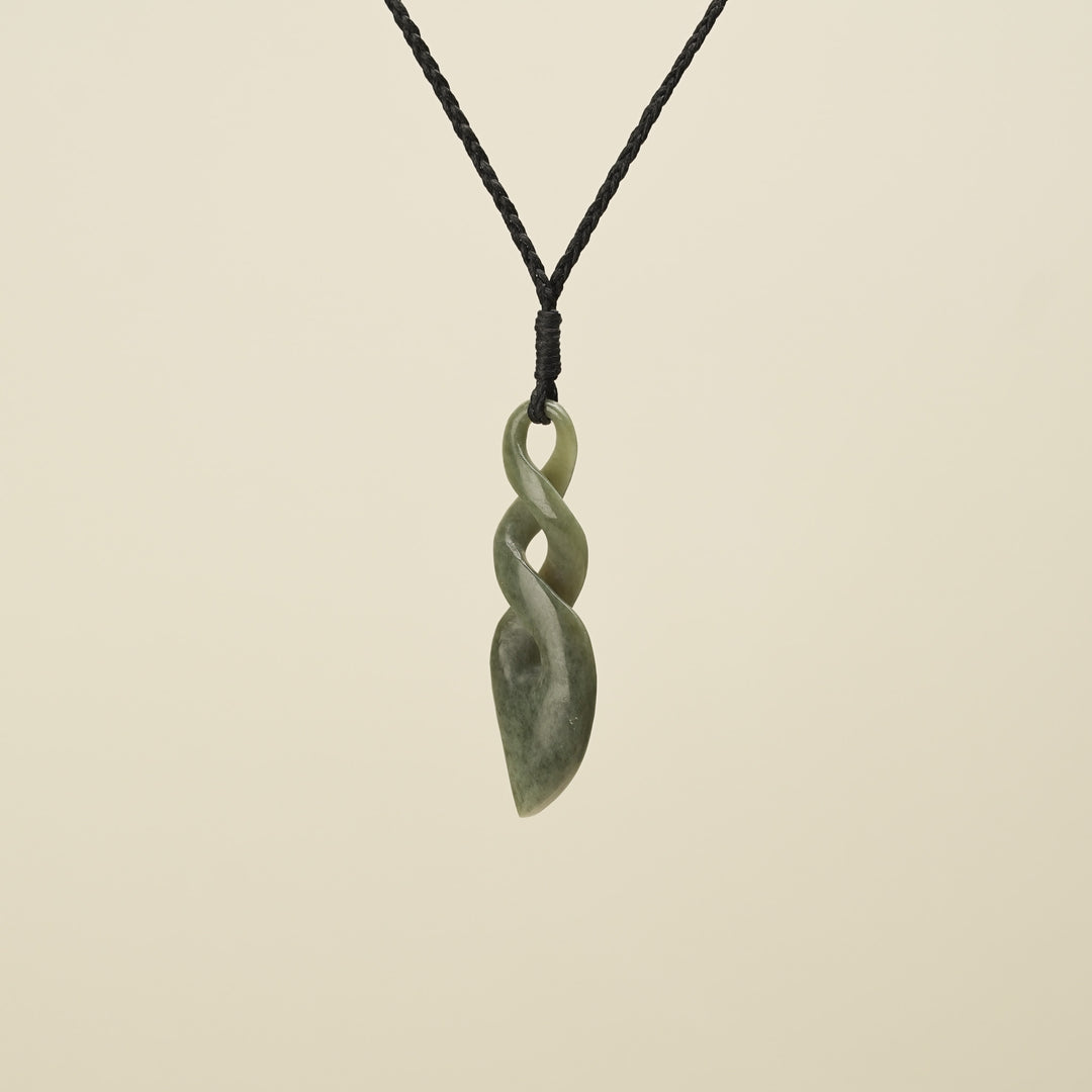 Double Pikorua Hapopo Pounamu Pendant, Black Binding
