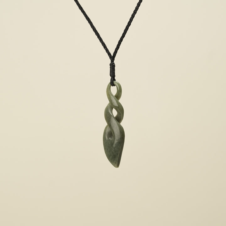 Double Pikorua Hapopo Pounamu Pendant, Black Binding