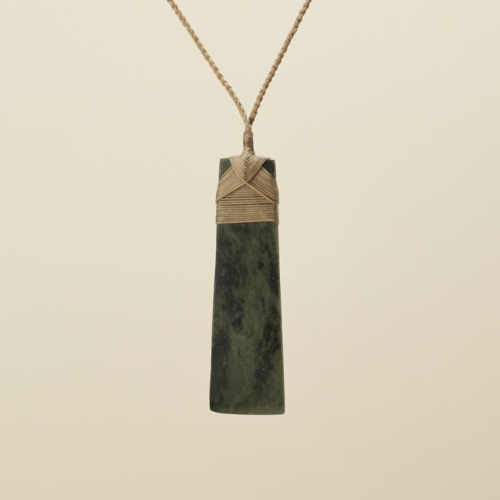 Toki Inanga Pounamu Extra Large Pendant, Tan Binding