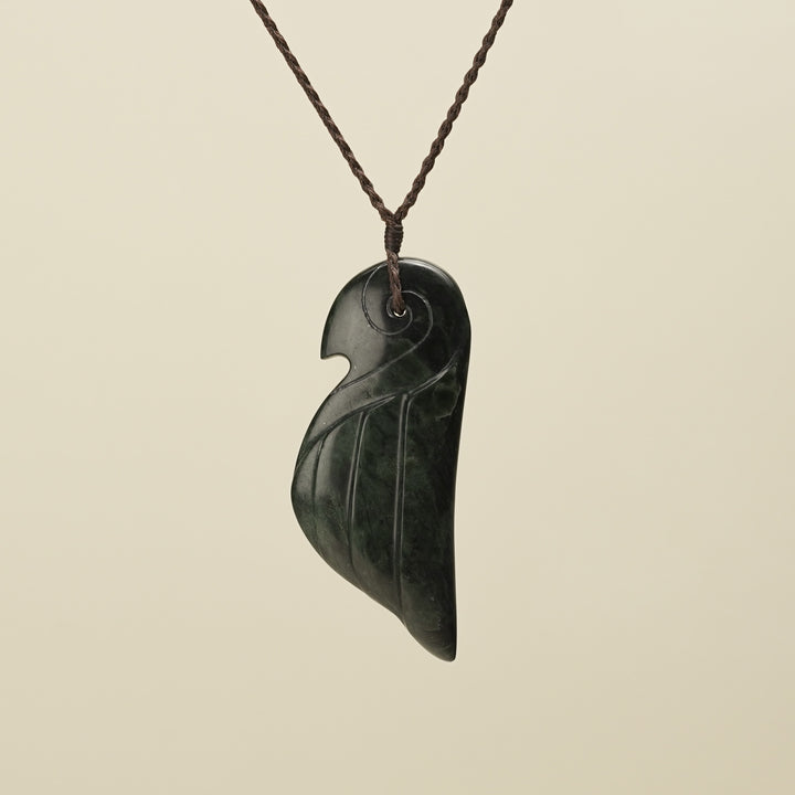 Manu Bird Large Pounamu Pendant, Brown Binding
