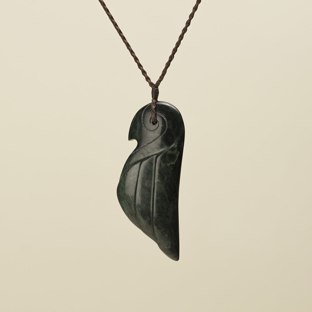 Manu Bird Large Pounamu Pendant, Brown Binding