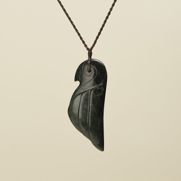 Manu Bird Large Pounamu Pendant, Brown Binding
