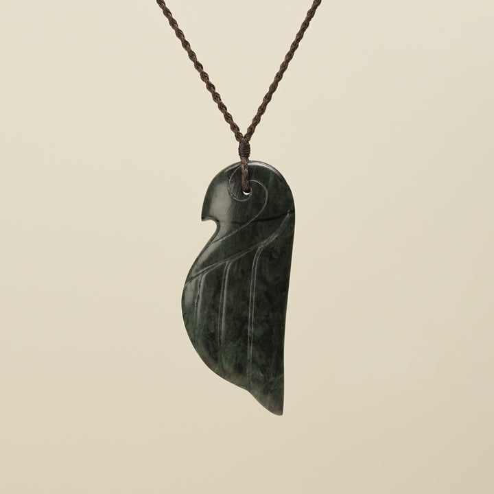 Manu Bird Large Pounamu Pendant, Brown Binding