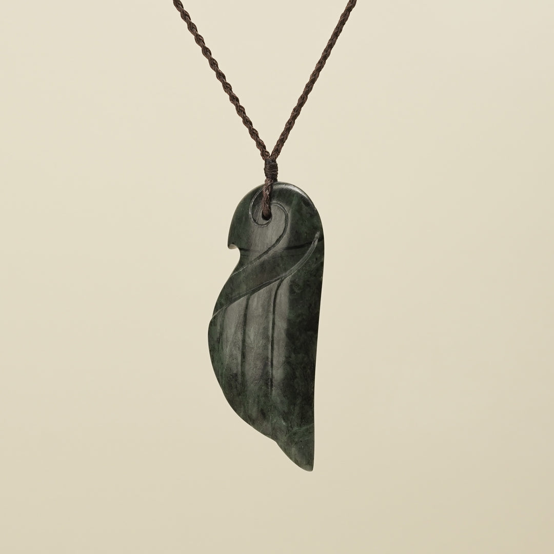 Manu Bird Large Pounamu Pendant, Brown Binding