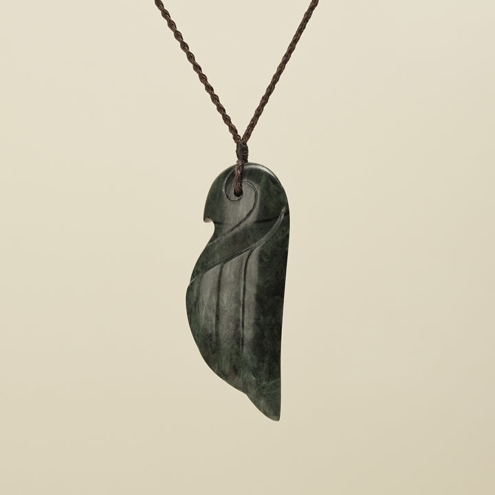 Manu Bird Large Pounamu Pendant, Brown Binding