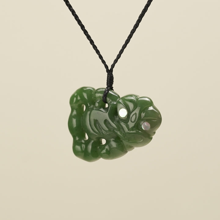 Hei Tiki Kawakawa Greenstone Large Pendant, Black Binding
