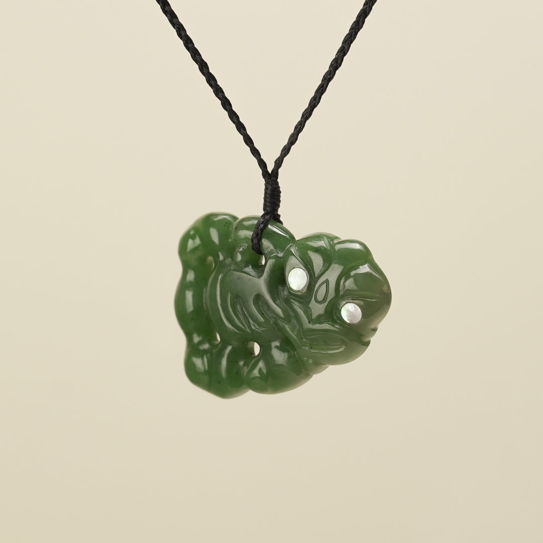 Hei Tiki Kawakawa Greenstone Large Pendant, Black Binding